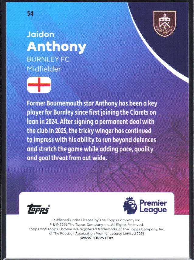 2025-26 Topps Chrome Premier League #54 Jaidon Anthony Base