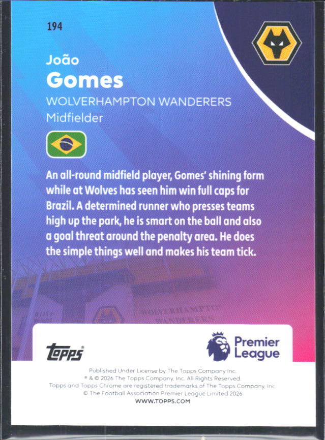 2025-26 Topps Chrome Premier League #194 João Gomes Base