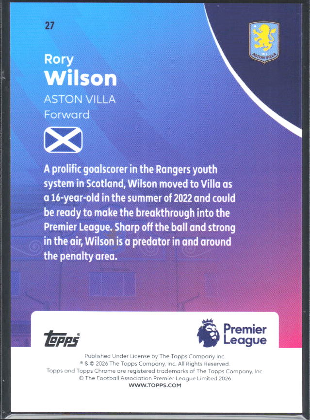 2025-26 Topps Chrome Premier League #27 Rory Wilson Base