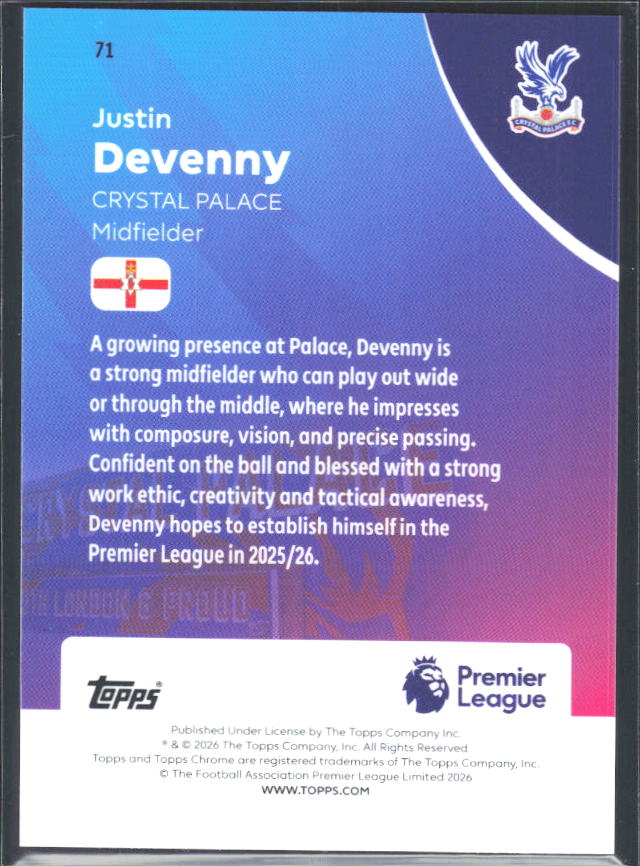 2025-26 Topps Chrome Premier League #71 Justin Devenny Base