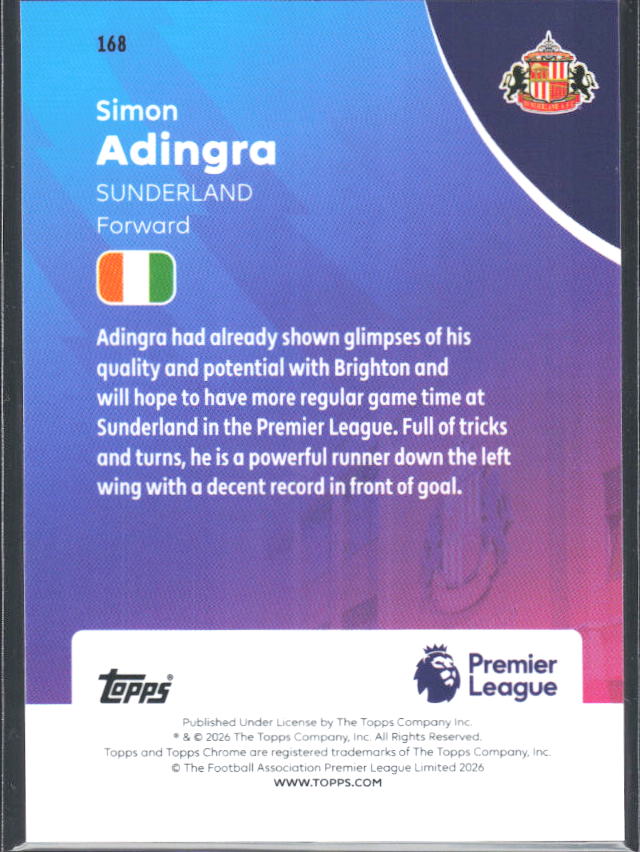 2025-26 Topps Chrome Premier League #168 Simon Adingra Base