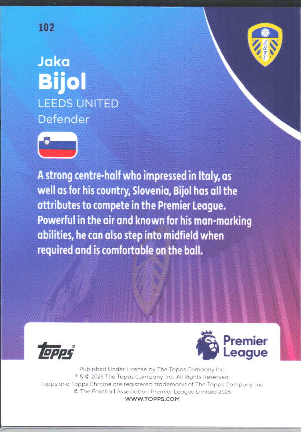 2025-26 Topps Chrome Premier League #102 Jaka Bijol Refractor Base