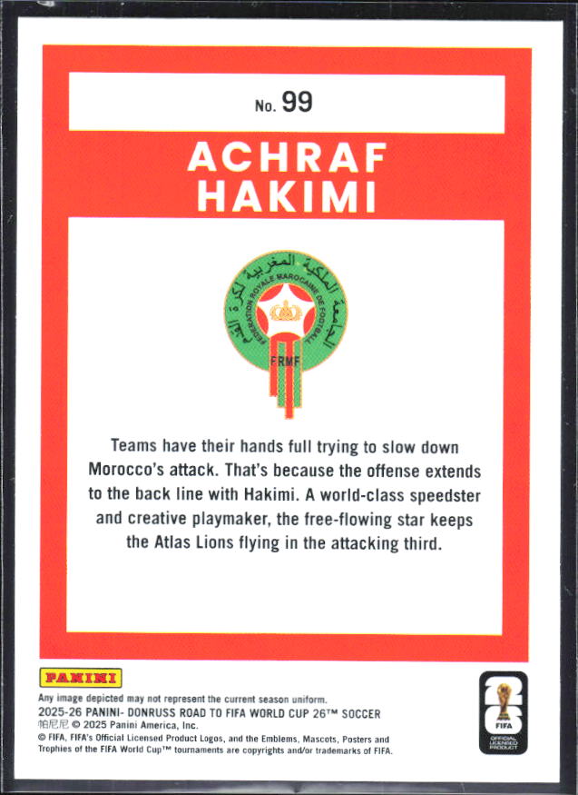2025-26 Donruss Road to FIFA World Cup #99 Achraf Hakimi Base
