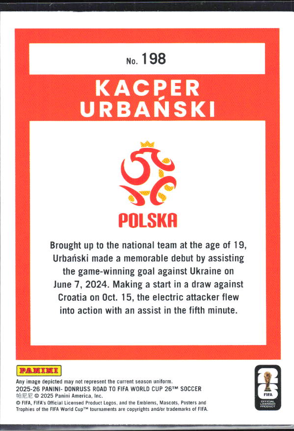 2025-26 Donruss Road to FIFA World Cup #198 Kacper Urbanski Base
