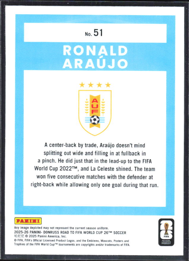 2025-26 Donruss Road to FIFA World Cup #51 Ronald Araujo Base