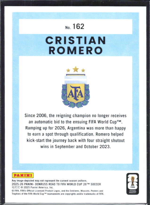 2025-26 Donruss Road to FIFA World Cup #162 Cristian Romero Base