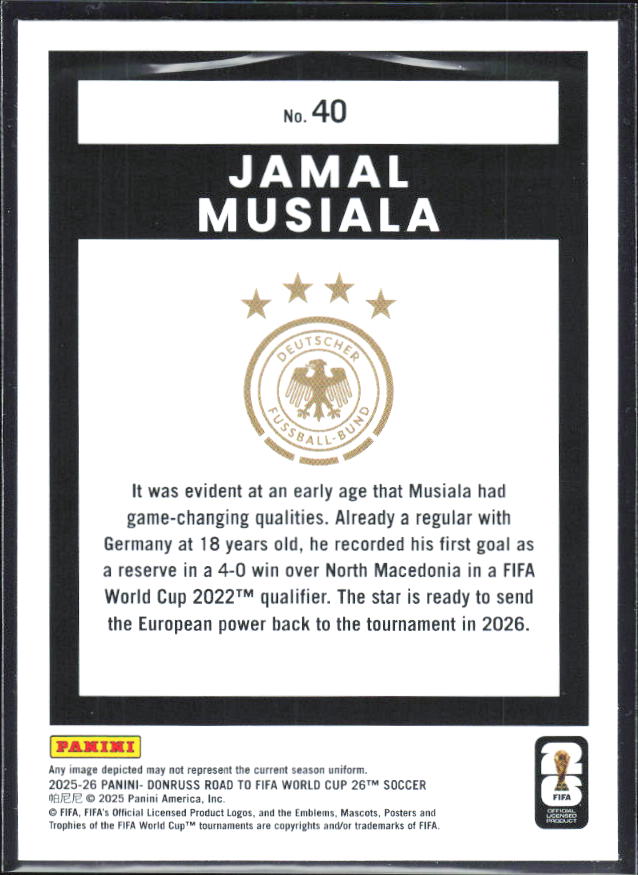 2025-26 Donruss Road to FIFA World Cup #40 Jamal Musiala Base