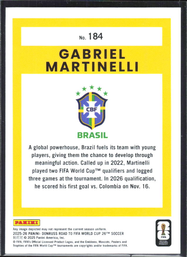 2025-26 Donruss Road to FIFA World Cup #184 Gabriel Martinelli Base