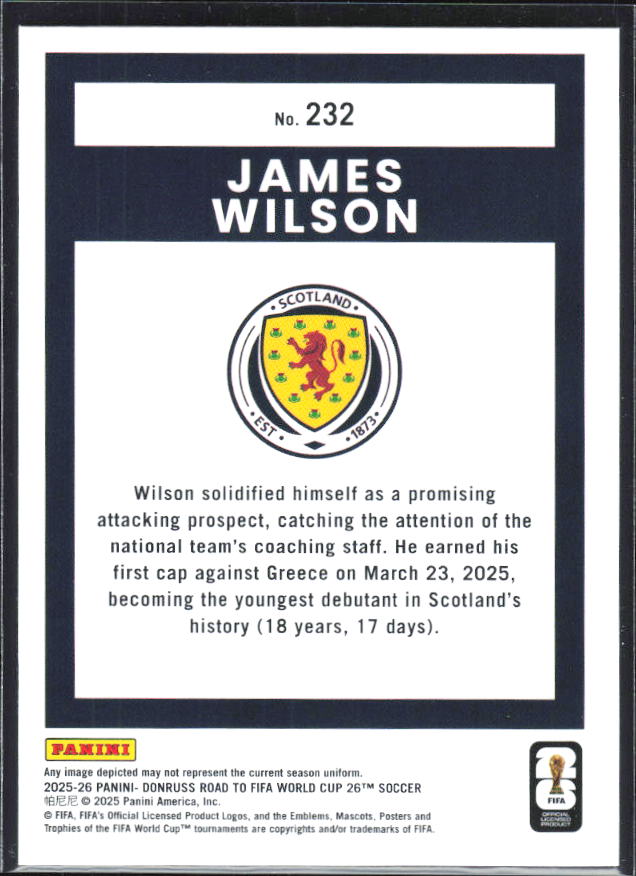 2025-26 Donruss Road to FIFA World Cup #232 James Wilson Base
