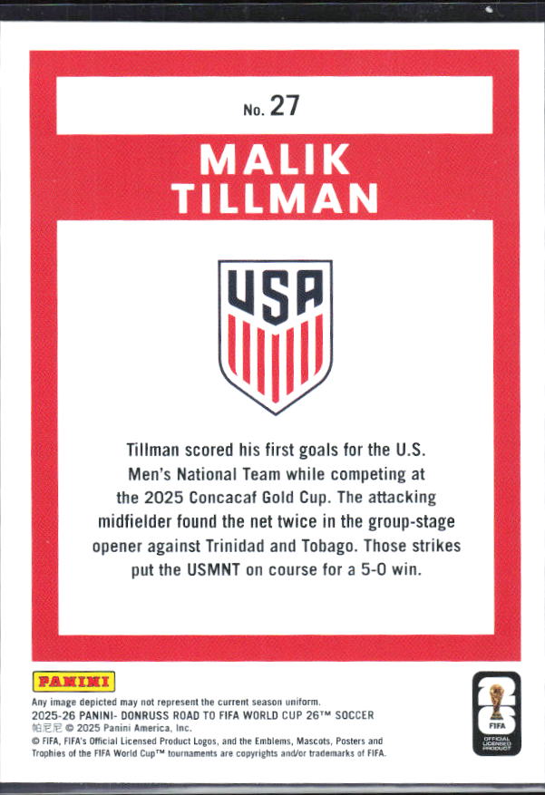 2025-26 Donruss Road to FIFA World Cup #27 Malik Tillman Base