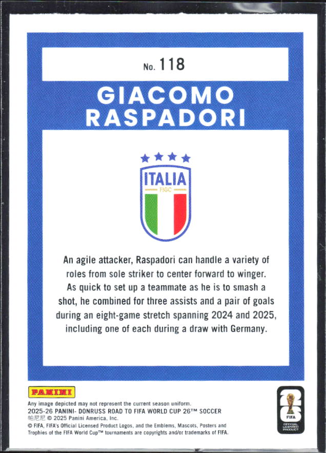 2025-26 Donruss Road to FIFA World Cup #118 Giacomo Raspadori Base