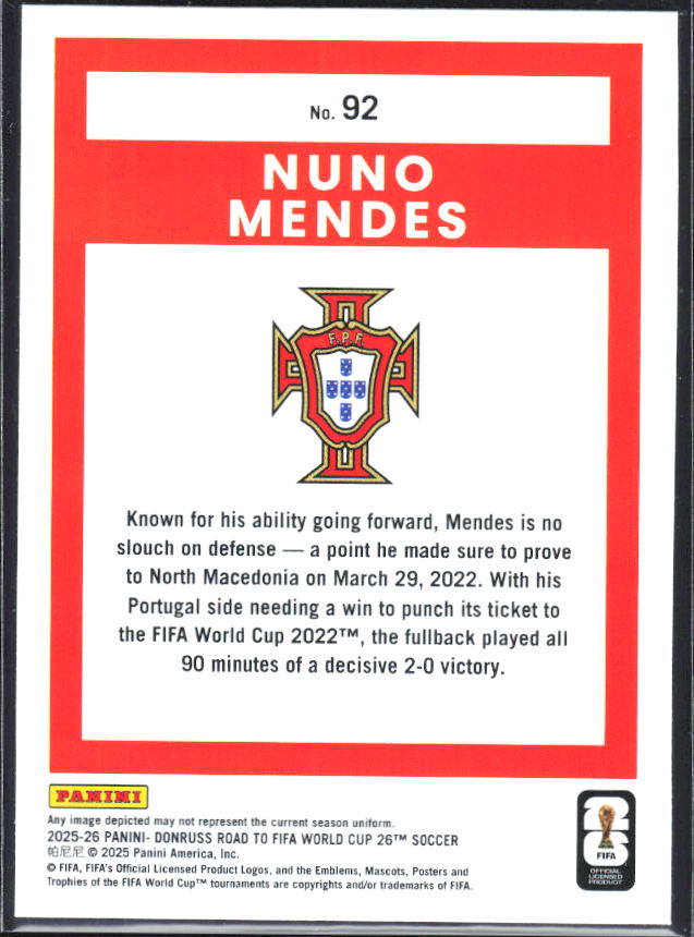 2025-26 Donruss Road to FIFA World Cup #92 Nuno Mendes Base