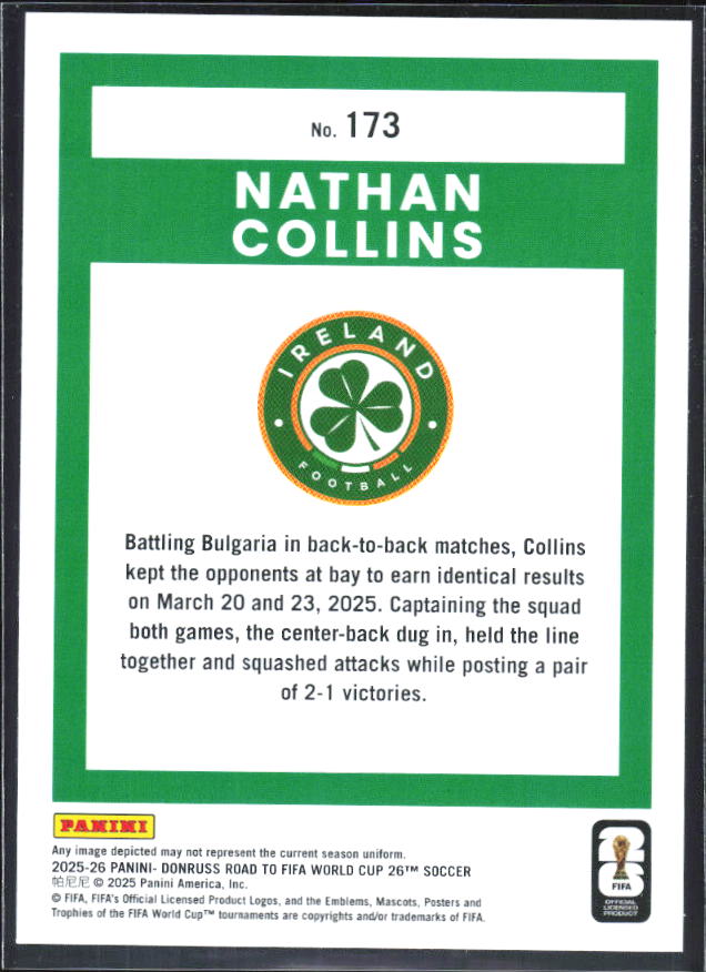 2025-26 Donruss Road to FIFA World Cup #173 Nathan Collins Base