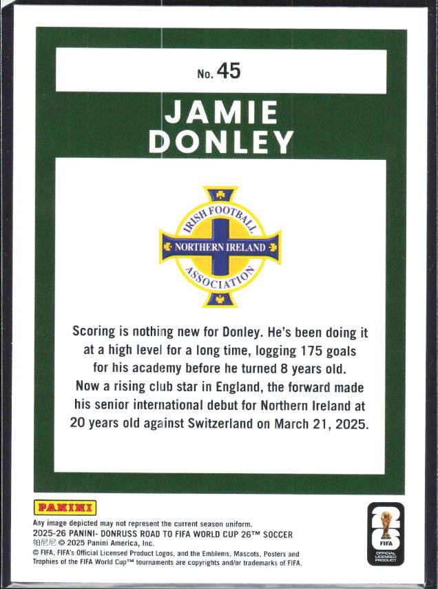 2025-26 Donruss Road to FIFA World Cup #45 Jamie Donley Base