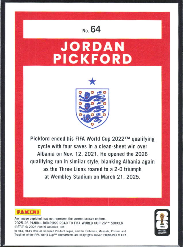 2025-26 Donruss Road to FIFA World Cup #64 Jordan Pickford Base