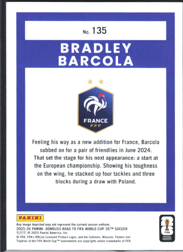 2025-26 Donruss Road to FIFA World Cup #135 Bradley Barcola Base