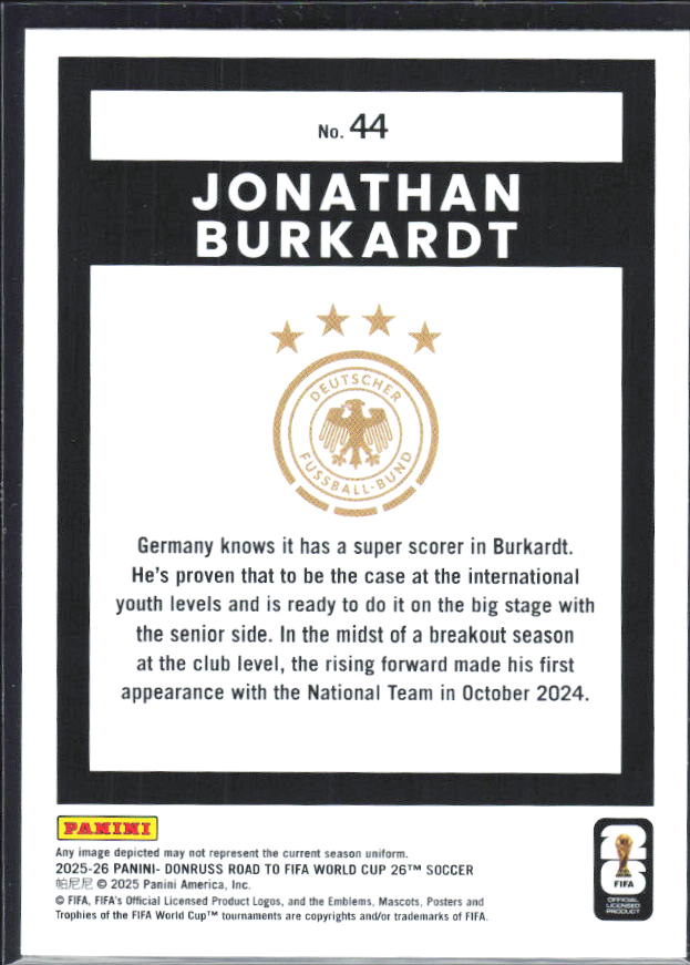 2025-26 Donruss Road to FIFA World Cup #44 Jonathan Burkardt Base