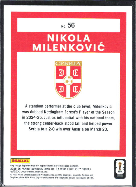 2025-26 Donruss Road to FIFA World Cup #56 Nikola Milenkovic Base