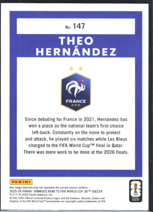 2025-26 Donruss Road to FIFA World Cup #147 Theo Hernandez Base