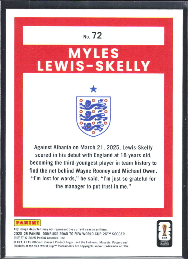 2025-26 Donruss Road to FIFA World Cup #72 Myles Lewis-Skelly Base