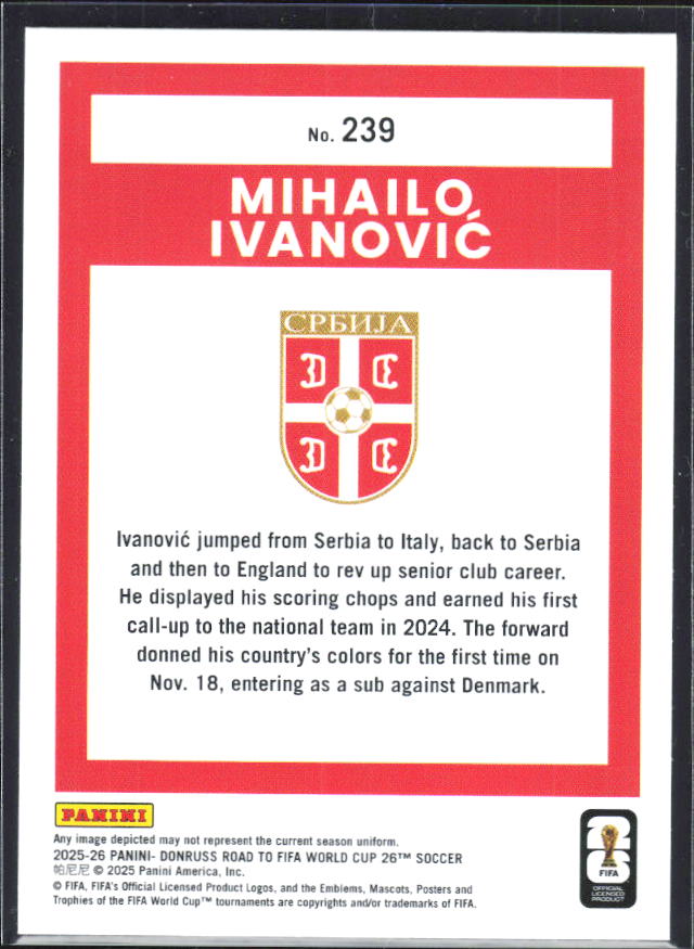 2025-26 Donruss Road to FIFA World Cup #239 Mihailo Ivanovic Base