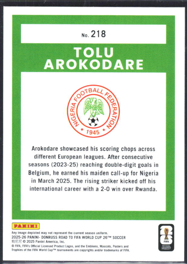 2025-26 Donruss Road to FIFA World Cup #218 Tolu Arokodare Base