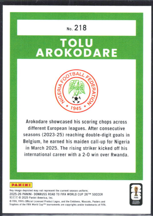 2025-26 Donruss Road to FIFA World Cup #218 Tolu Arokodare Base