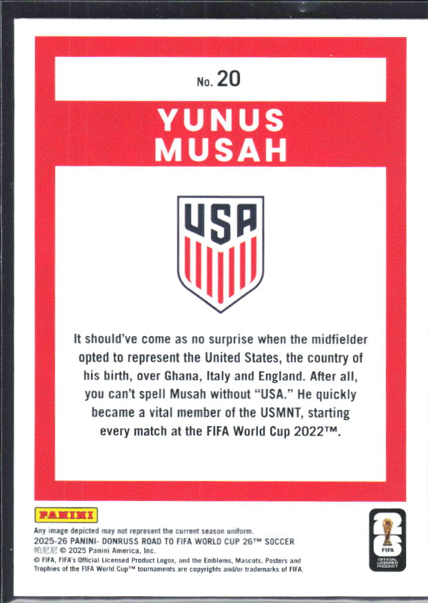2025-26 Donruss Road to FIFA World Cup #20 Yunus Musah Base