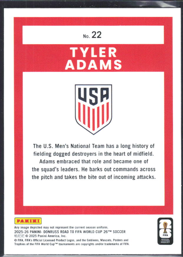 2025-26 Donruss Road to FIFA World Cup #22 Tyler Adams Base