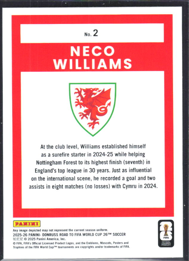2025-26 Donruss Road to FIFA World Cup #2 Neco Williams Base