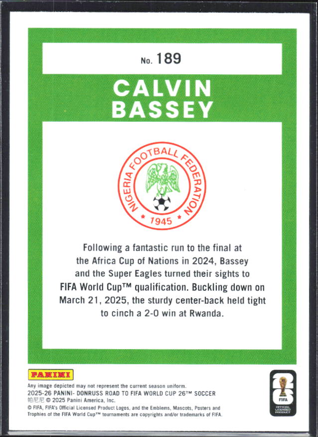 2025-26 Donruss Road to FIFA World Cup #189 Calvin Bassey Base