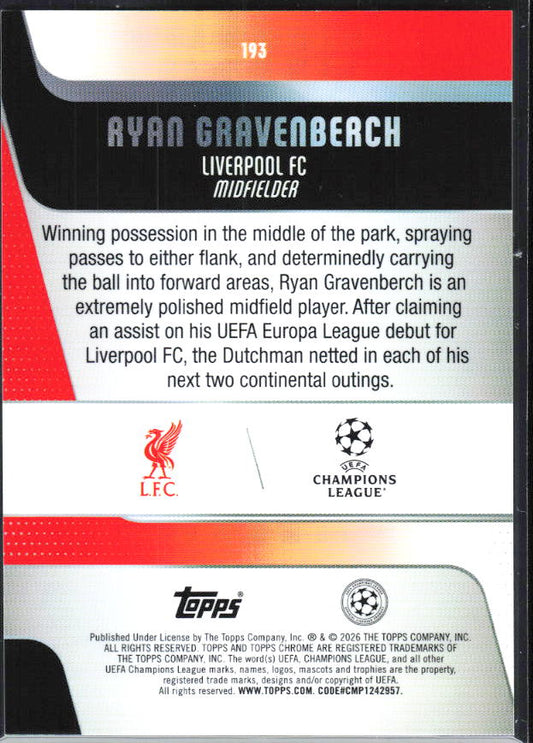 2025-26 Topps Chrome UEFA Club Competitions #193 Ryan Gravenberch Base