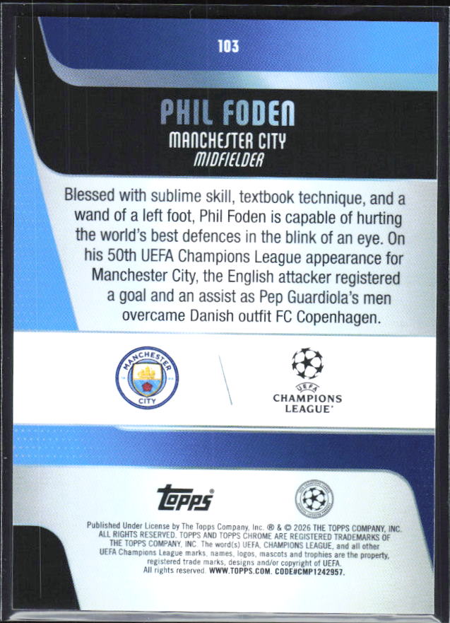 2025-26 Topps Chrome UEFA Club Competitions #103 Phil Foden Base