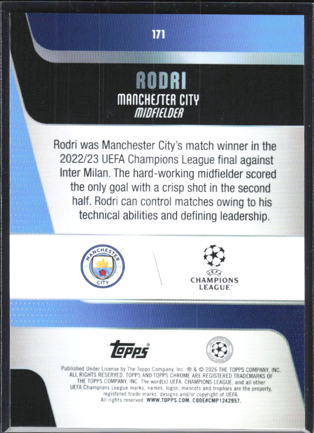 2025-26 Topps Chrome UEFA Club Competitions #171 Rodri Base