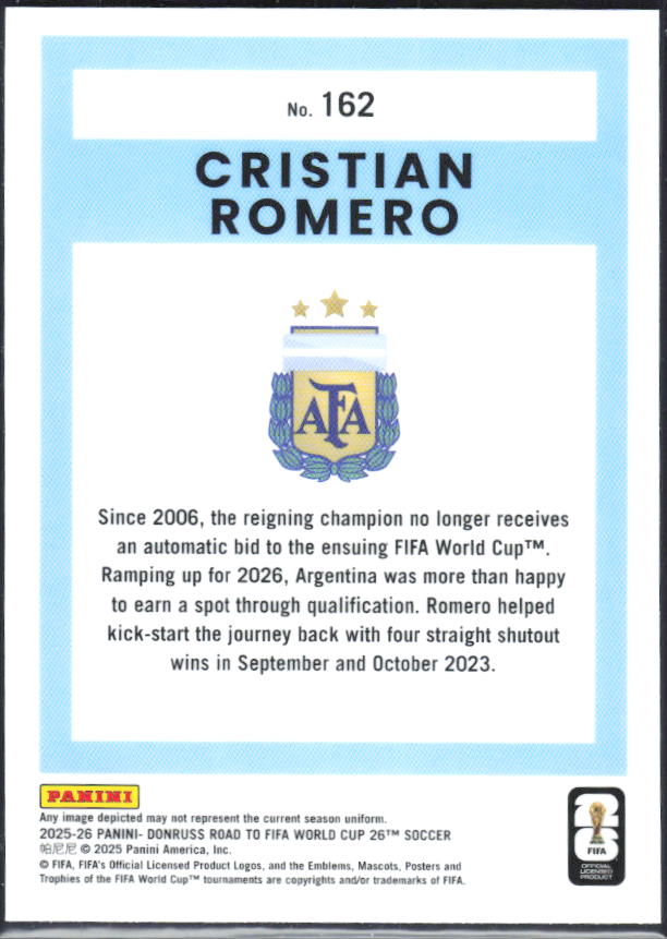 2025-26 Donruss Road to FIFA World Cup #162 Cristian Romero Optic