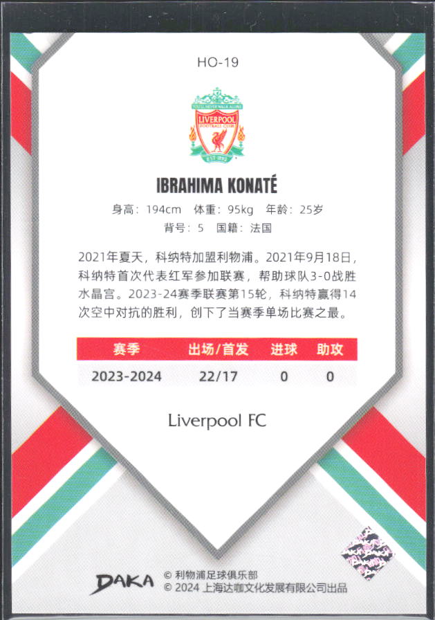 2024 DAKA Holocene Liverpool #HO-19 Ibrahima Konaté – baksida