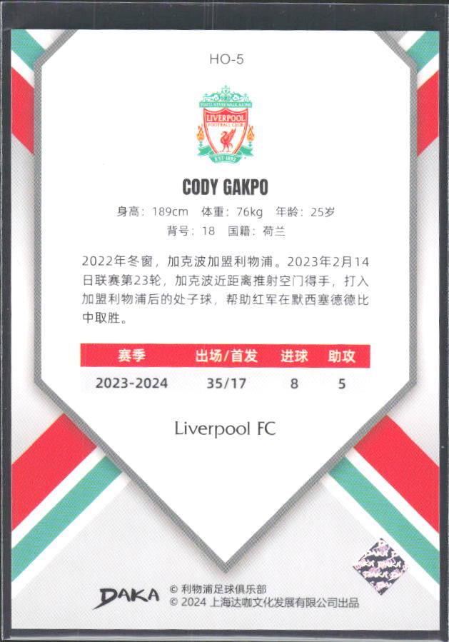 2024 DAKA Holocene Liverpool #HO-5 Cody Gakpo – baksida