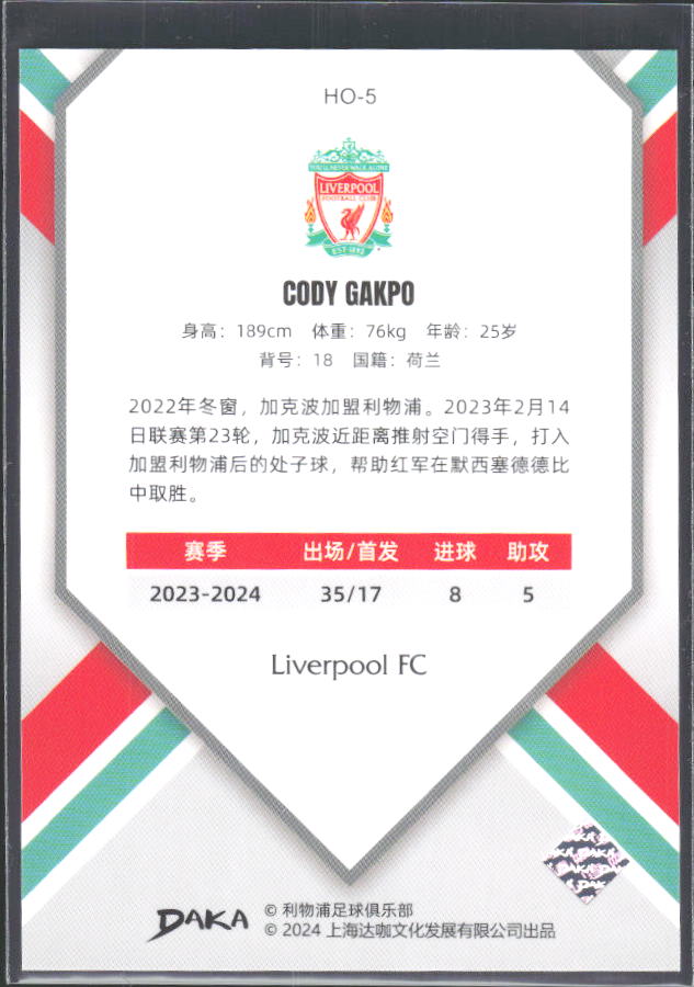 2024 DAKA Holocene Liverpool #HO-5 Cody Gakpo – baksida