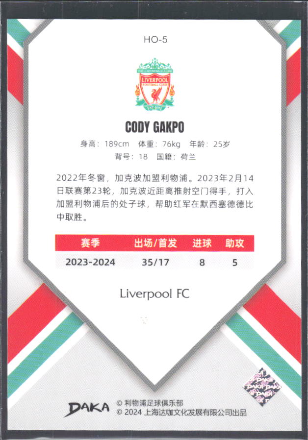 2024 DAKA Holocene Liverpool #HO-5 Cody Gakpo – baksida