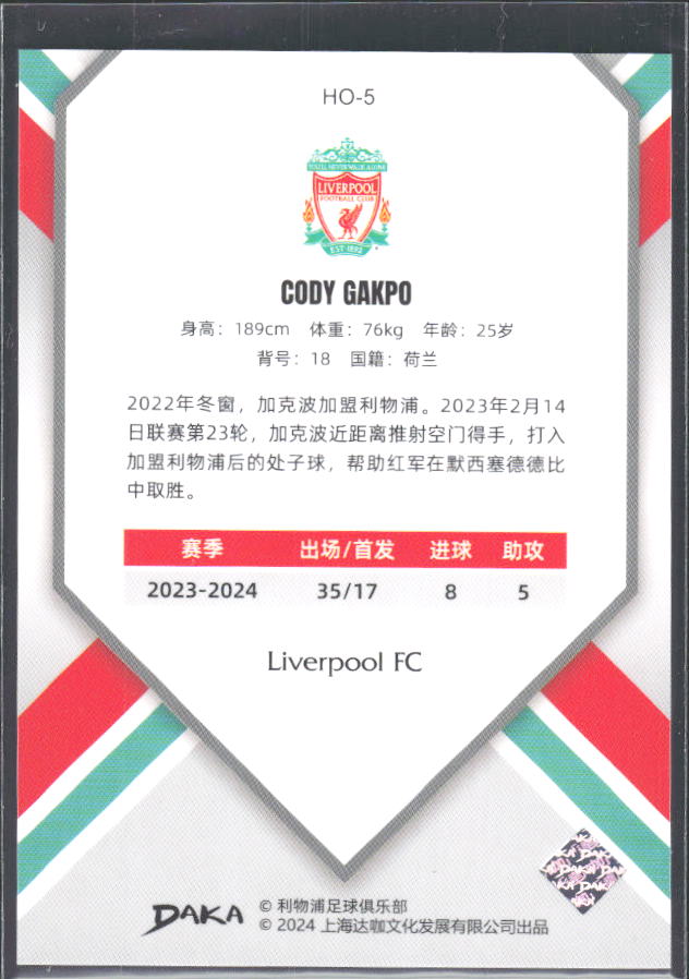 2024 DAKA Holocene Liverpool #HO-5 Cody Gakpo – baksida