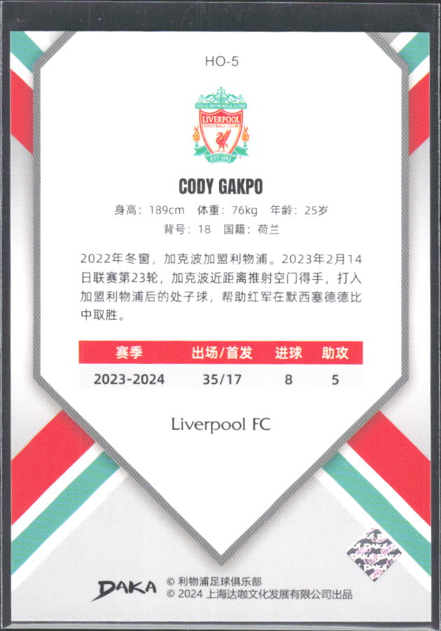 2024 DAKA Holocene Liverpool #HO-5 Cody Gakpo – baksida