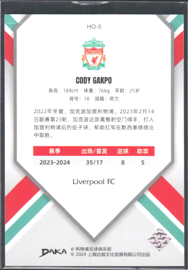 2024 DAKA Holocene Liverpool #HO-5 Cody Gakpo – baksida