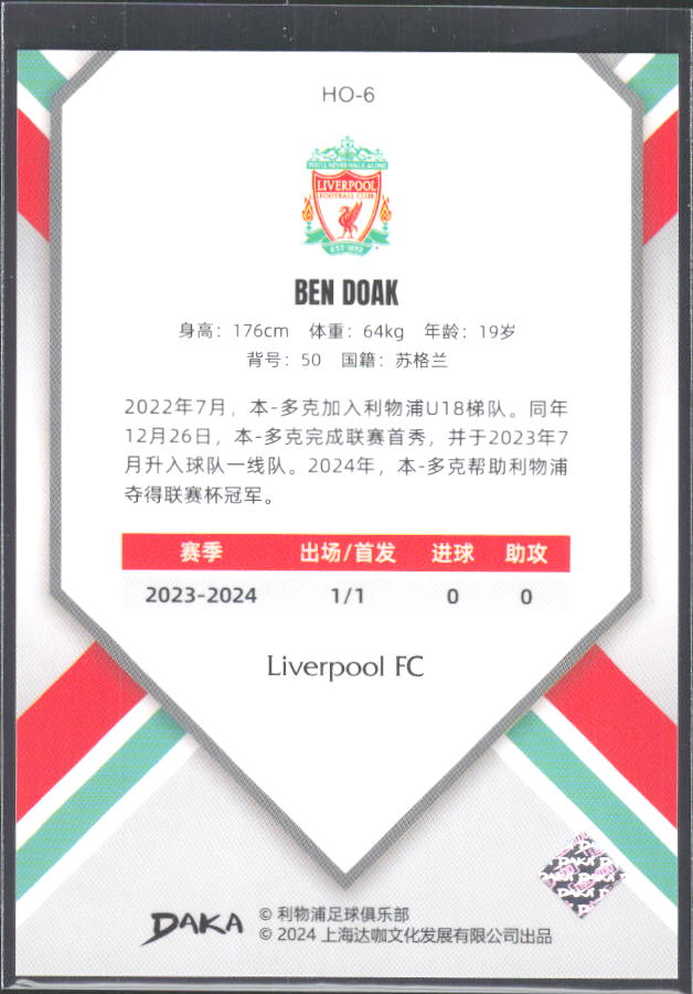 2024 DAKA Holocene Liverpool #HO-6 Ben Doak RC – baksida
