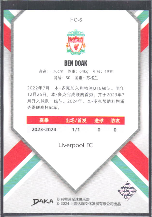 2024 DAKA Holocene Liverpool #HO-6 Ben Doak RC – baksida