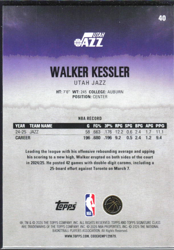 2025-26 Topps Signature Class #40 Walker Kessler – baksida