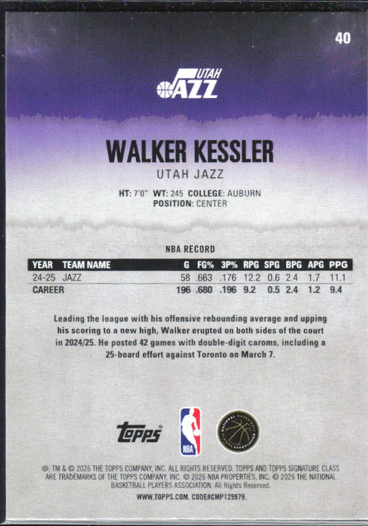 2025-26 Topps Signature Class #40 Walker Kessler – baksida