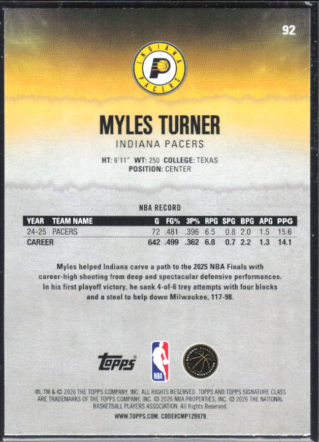 2025-26 Topps Signature Class #92 Myles Turner – baksida
