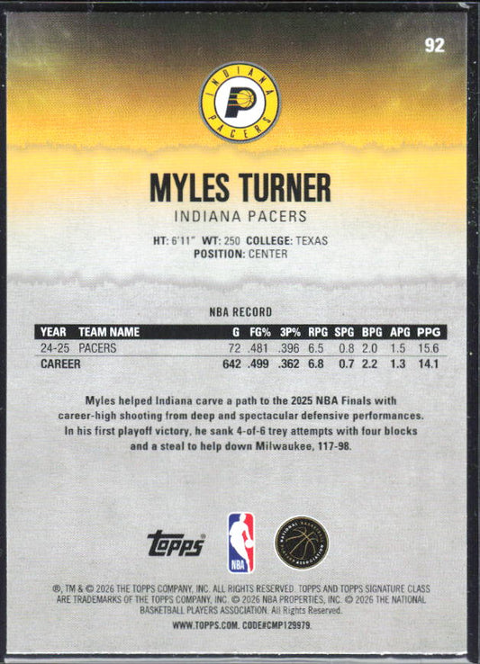 2025-26 Topps Signature Class #92 Myles Turner – baksida