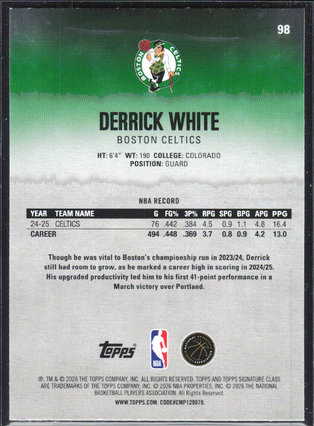 2025-26 Topps Signature Class #98 Derrick White – baksida