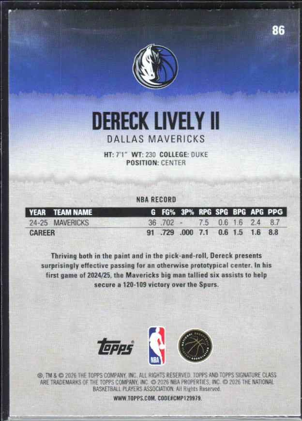 2025-26 Topps Signature Class #86 Dereck Lively II – baksida